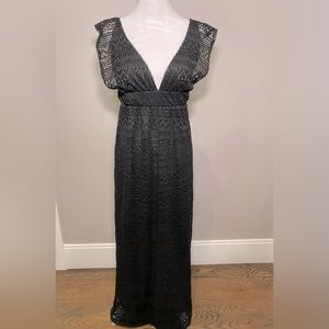 Lovestitch Long Black Lace Plunge V neck Dress, L